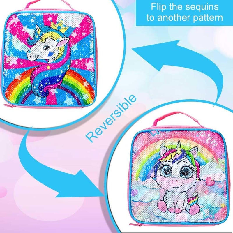 gxtvo 3PCS Unicorn Backpack for Girls, 16" Sequin Prechool Elementary Bookbag and Lunch Box - Image 3